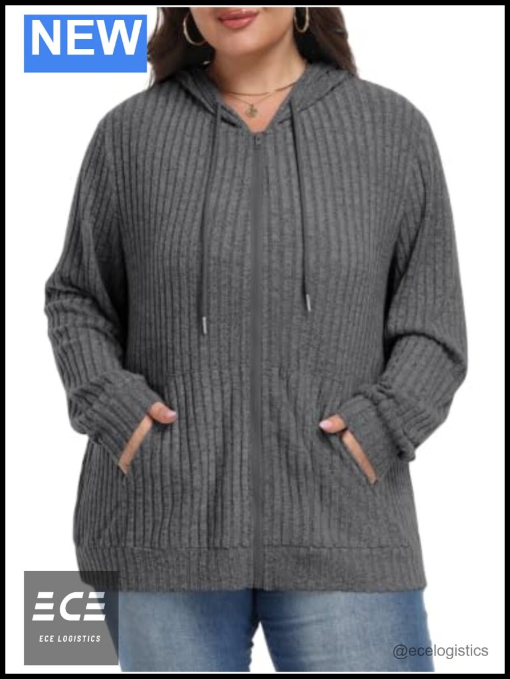 Women's Plus Size Ribbed Zip Up Hoodie Lightweight Fall Jacket with Pockets
